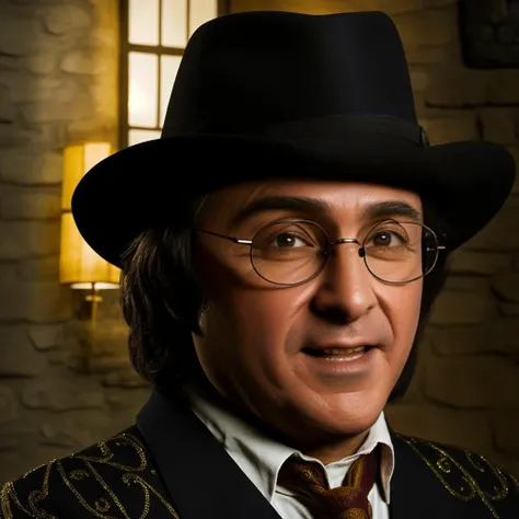 portrait of sks man dressed like (Harry Potter:1) with hat, glasses and detailed environment, high detailed face, 8k,<lora:maravilla:1>