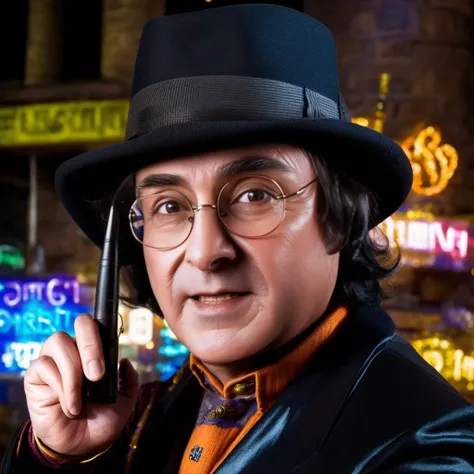 portrait of sks man dressed like (Harry Potter:1) with hat, glasses and detailed environment, high detailed face, neon lights in background, 8k,<lora:maravilla:1>