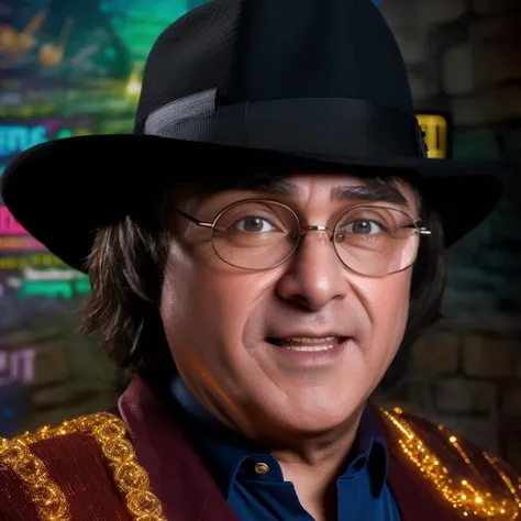 portrait of sks man dressed like (Harry Potter:1) with hat, glasses and detailed environment, high detailed face, neon lights in background, 8k,<lora:maravilla:1>