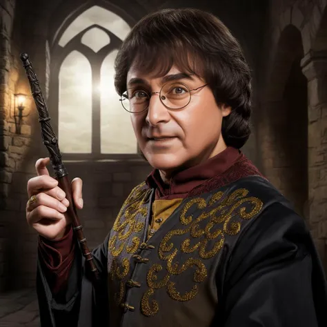 portrait of sks man dressed like (Harry Potter:1) with wand, glasses and detailed environment, high detailed face, 8k,<lora:maravilla:1>