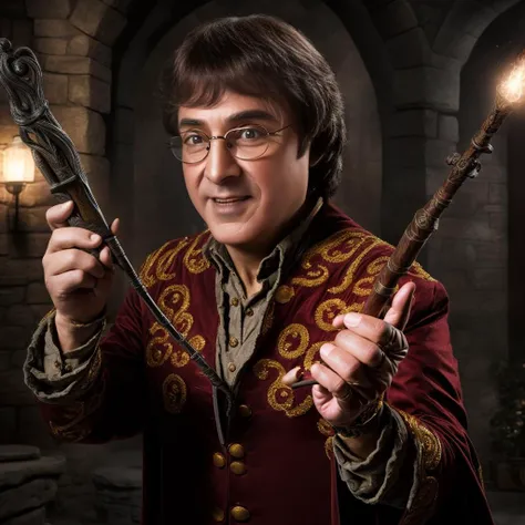 portrait of sks man dressed like (Harry Potter:1) with wand, glasses and detailed environment, high detailed face, 8k,<lora:maravilla:1>
