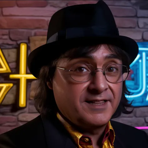 portrait of sks man dressed like (Harry Potter:1) with hat, glasses and detailed environment, high detailed face, neon lights in background, 8k,<lora:maravilla:1>