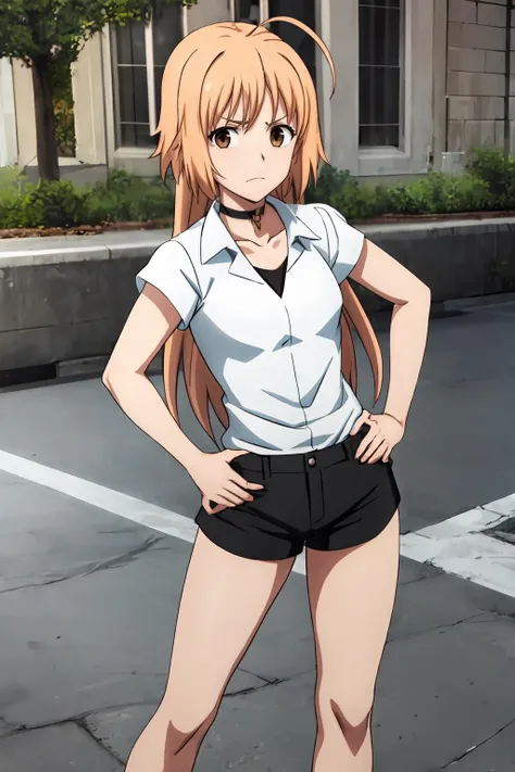 (masterpiece, best quality:1.2), highres, anime screencap, anime coloring, 1girl, solo, frown,
Maria_Osawa_V1, blonde hair, long hair, ahoge, bangs, brown eyes, choker,
white shirt, collared shirt, collarbone, black underwear, black shorts, short shorts,
standing and spread legs, hand on hip,
outdoors, looking at viewer,
<lora:add_detail_CyberAlchemist:0.4>, <lora:GoodHands-beta2:0.8>, <lora:MariaOsawaV1-000008:0.9>