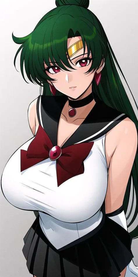 <lora:SetsunaMeiou:0.5>, SetsunaMeiou, green_hair, hair_bun, red_eyes, black_sailor_collar, black_skirt, black_choker, sailor_senshi_uniform, tiara, gloves, huge_breasts 1girl, solo, standing, masterpiece, best quality, detailed face, detailed eyes, highres,