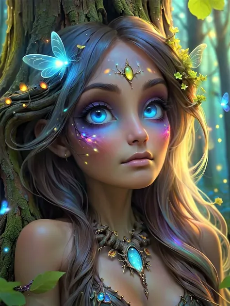 Dreamscape nightime, moonlight, glowing fireflies, 1 forest spirit cuddling a old elm, curvy, jewelry,rainbow, mystical fog, sparkling eyes, even lighting<lora:add-detail-xl:0.9>
<lora:treebark-SDXL-s-exp:0.8> treebark, crepuscular rays . Surreal, ethereal, dreamy, mysterious, fantasy, highly detailed