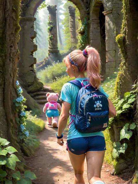 morning in the forest, sunlight, 8k, 1 fit girl jogging on a forest trail, pink short, blue tennis, teddy bear sport backpack, ponytail, backview<lora:treebark-SDXL-s-exp:0.8>, treebark, flowers,  ivy,old ruins, long focus <lora:FaeTastic:0.8> <lora:sandstone-SDXL:0.7> oldstone