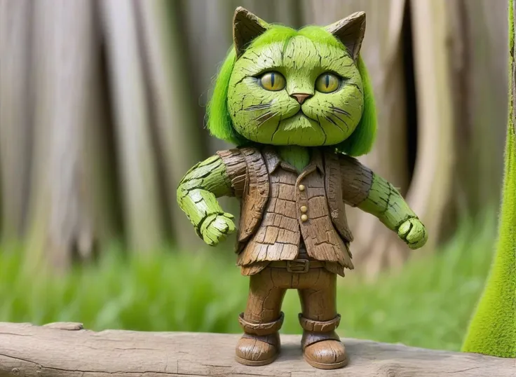 <lora:treebark-SDXL-s-exp:1>, a detailed cat made of tree bark, standing, detailed face, hands behind back, bark skin, treant, green hair, wood skin, brown skin, wood shirt <lora:PerfectEyesXL:1>, brown eyes, young, , action pose, curvy, full body shot, leaf hair, wood person, doll