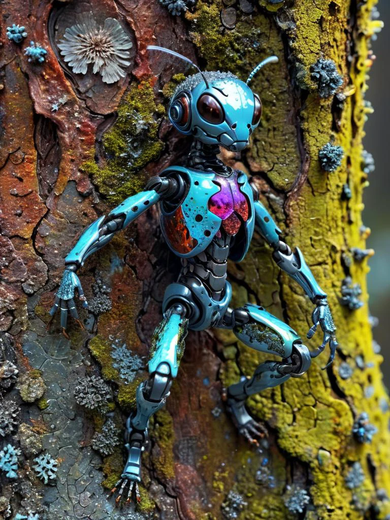 super detailed ant, micro shot view, cyborg body, , cyborg style, realistic, 8k, hyper-detailed, photographic style, (opalescent irradiance:1.25) and colorful energy, vibrant, highly detailed photographic style, <lora:treebark-SDXL-s-exp:0.8> treebark, lichen, texture