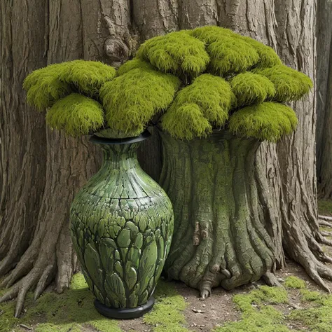 (design vase still life:1.5), treebark, dark mossy, tree lisches, green <lora:treebark:0.25>