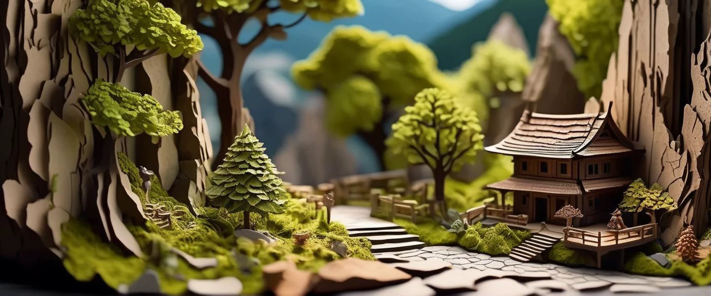 papercut, professional studio photo cinematic photo (mountains with dense forest:1.2) design, city centre, view from above, modern rustical sustainable, stone wood, traffic, garden park outside, elaborate, texture cracked dry treebark (cracked wood style room ) design, lush flowers, green trees with intertwined roots, <lora:treebark-SDXL-s-exp:0.9> mountains, blue cloudy sky . 35mm photograph, film, bokeh, professional, 4k, highly detailed backlight, atmospheric, hard rim light, absurdres, <lora:papercut:0.8> papercut