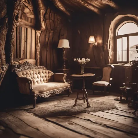 cinematic photo barnum-sepia (concept interior:1.2) design, rustical room, elaborate furniture, texture cracked dry treebark (cracked wood style room ) design <lora:treebark-SDXL-s-exp:0.6> . 35mm photograph, film, bokeh, professional, 4k, highly detailed