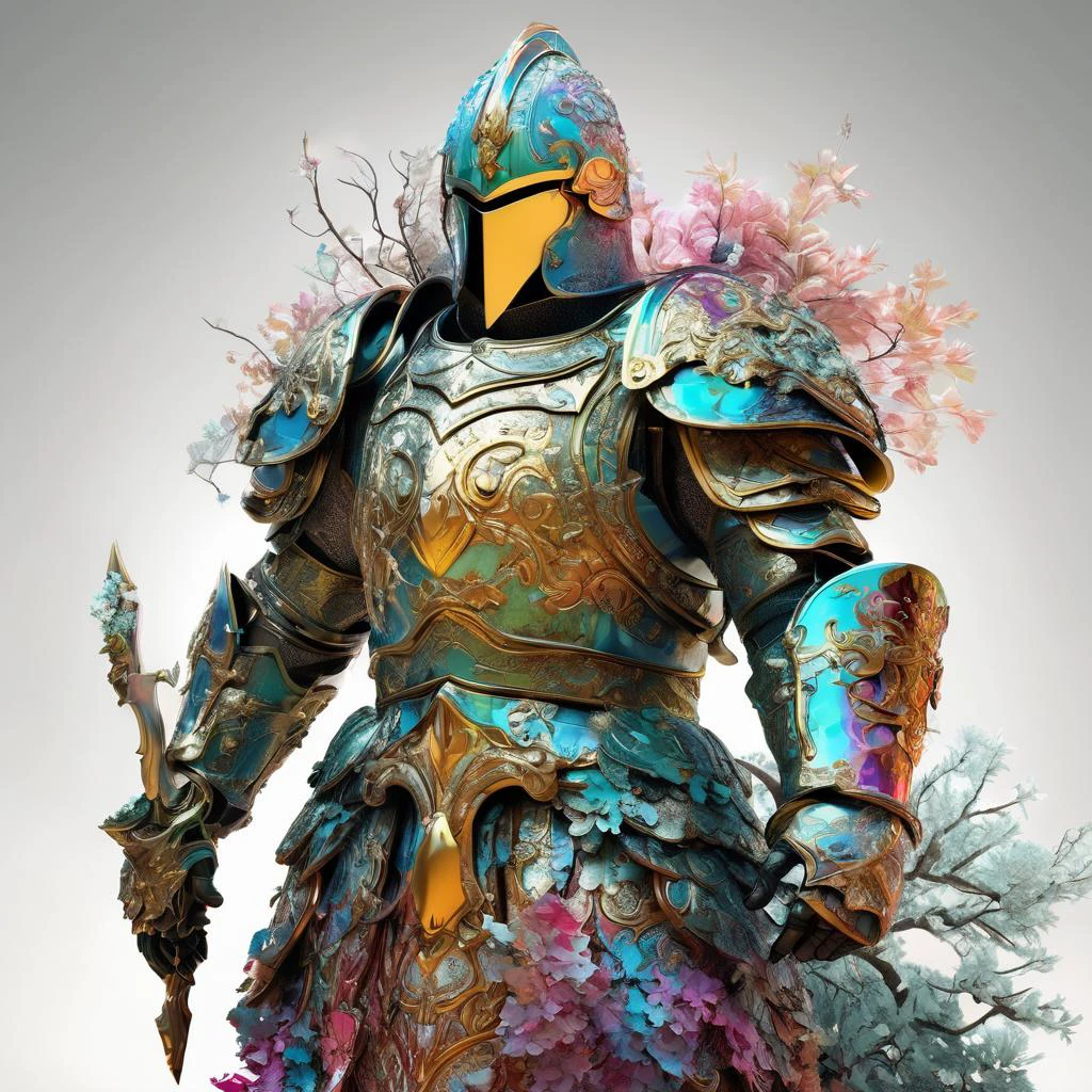 Alberto seveso, breathtaking artwork Epic wide angle illustration of holy paladin in armor made out of (opalescent irradiance:1.25) and colorful energy, vibrant, highly detailed, <lora:treebark-SDXL-s-exp:0.8> treebark, lichen, texture