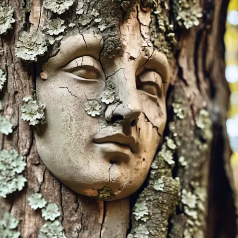 cinematic photo barnum-sepia texture cracked dry treebark with lichen classical roman sculpture of face of venus, on pedestal, treebark (cracked wood style room interior:1.2) design <lora:treebark-SDXL-s-exp:0.9> . 35mm photograph, film, bokeh, professional, 4k, highly detailed