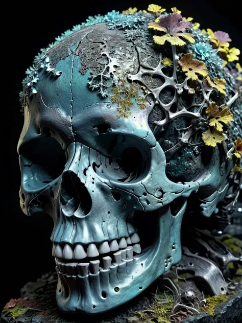 mechanical human skull, with some bones left, black background, dim light , realistic, hyper-detailed, 8k, photographic style, cinematic shot, hyper-detailed, 8k, (opalescent irradiance:1.25) and colorful energy, vibrant, highly detailed photographic style, <lora:treebark-SDXL-s-exp:0.8> treebark, lichen, texture