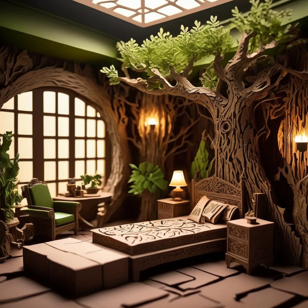 papercut, cinematic photo barnum-sepia (concept interior:1.2) design, modern rustical room, elaborate furniture, texture cracked dry treebark (cracked wood style room ) design, green trees <lora:treebark-SDXL-s-exp:0.6> . 35mm photograph, film, bokeh, professional, 4k, highly detailed, <lora:papercut:0.8> papercut
