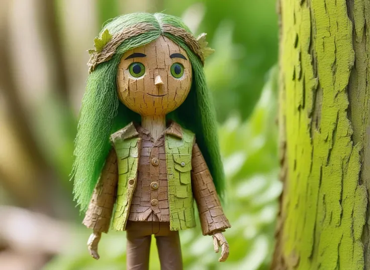 <lora:treebark-SDXL-s-exp:1>, a detailed bird made of tree bark, standing, detailed face, hands behind back, bark skin, treant, green hair, wood skin, brown skin, wood shirt <lora:PerfectEyesXL:1>, brown eyes, young, , full body shot, leaf hair, wood person, doll, cinematic photo, 35mm photograph, film, bokeh, professional, 4k, highly detailed