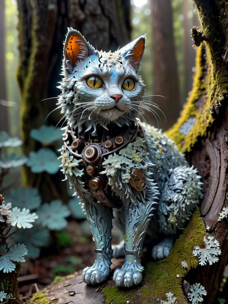 super realistic mechanical cat, detailed mechanism,, high quality photography, 3 point lighting, flash with softbox, 4k, Canon EOS R3, hdr, smooth, sharp focus, high resolution, award winning photo, 80mm, f2.8, bokeh, (opalescent irradiance:1.25) and colorful energy, vibrant, highly detailed photographic style, <lora:treebark-SDXL-s-exp:0.8> treebark, lichen, texture