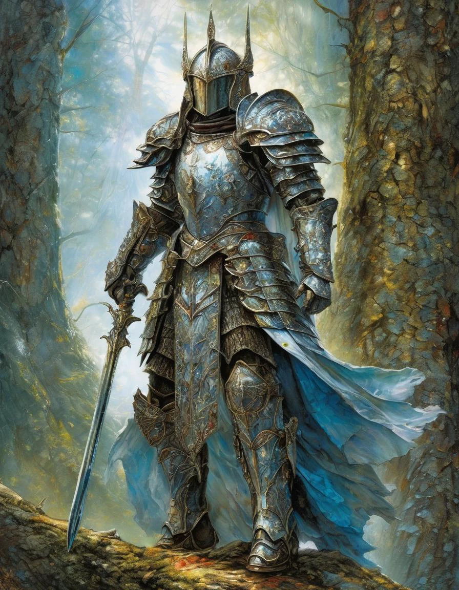 Luis Royo, breathtaking artwork Epic wide angle illustration of holy paladin in armor made out of (opalescent irradiance:1.25) and colorful energy, vibrant, highly detailed, <lora:treebark-SDXL-s-exp:0.8> treebark, lichen, texture