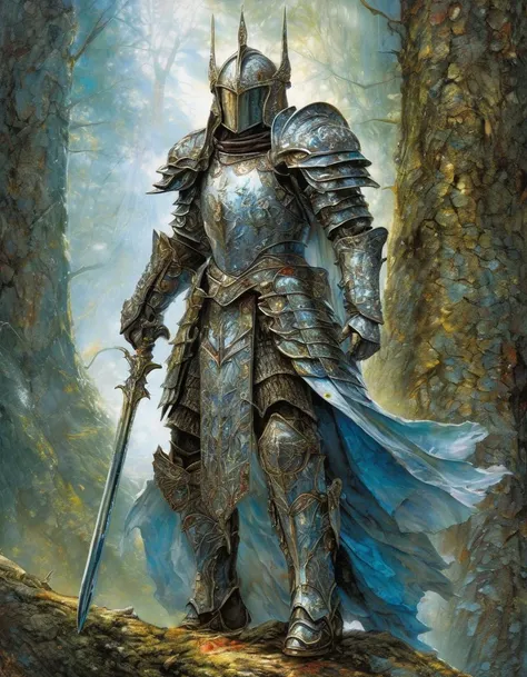 Luis Royo, breathtaking artwork Epic wide angle illustration of holy paladin in armor made out of (opalescent irradiance:1.25) and colorful energy, vibrant, highly detailed,  <lora:treebark-SDXL-s-exp:0.8> treebark, lichen, texture