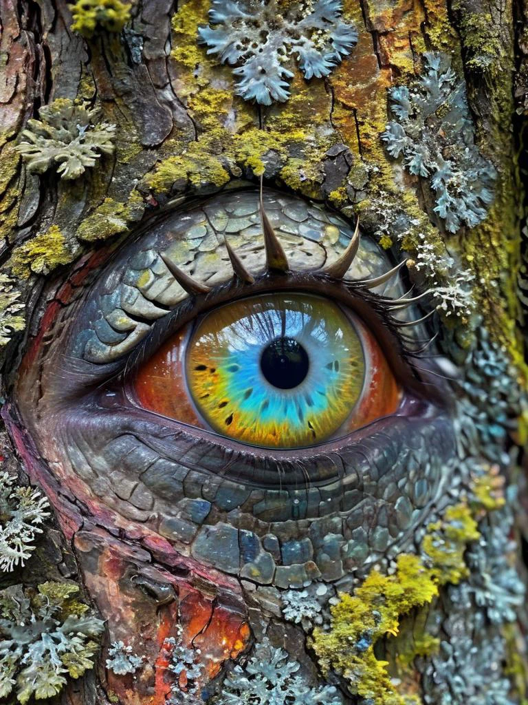 close shot on one side of a colorful eye, detailed, reflection, light skin, highly detailed, perfect eye, (opalescent irradiance:1.25) and colorful energy, vibrant, highly detailed photographic style, <lora:treebark-SDXL-s-exp:0.8> treebark, lichen, texture