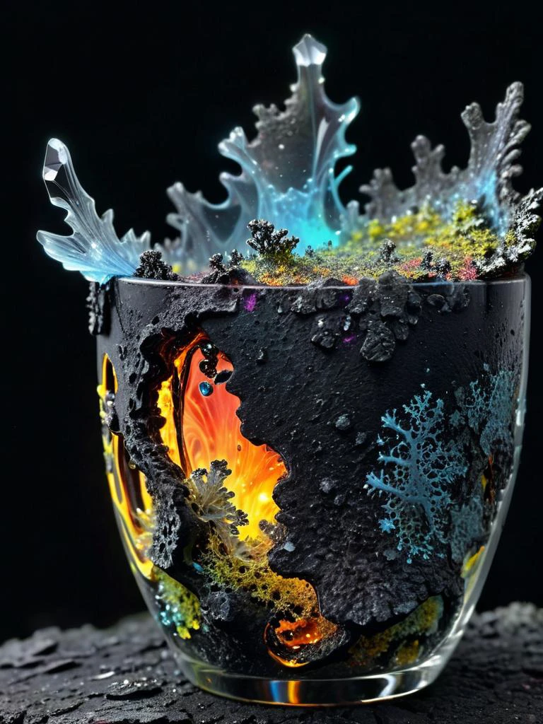 hot lava in glass cup, shattering glass, black background,, realistic, hyper-detailed, 8k, (opalescent irradiance:1.25) and colorful energy, vibrant, highly detailed photographic style, <lora:treebark-SDXL-s-exp:0.8> treebark, lichen, texture