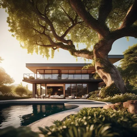 cinematic epic realistic photo, cinematic photo (concept archviz villa:1.2) design, modern rustical house, pond in the garden outside, elaborate terrace, texture cracked dry treebark (cracked wood style room ) design, lush flowers, green trees with intertwined roots, <lora:treebark-SDXL-s-exp:0.6> . 35mm photograph, film, bokeh, professional, 4k, highly detailed, photorealism, golden hour, Crewson style shadowing, 8k resolution, analog color kodak, film grain, neutral colors,