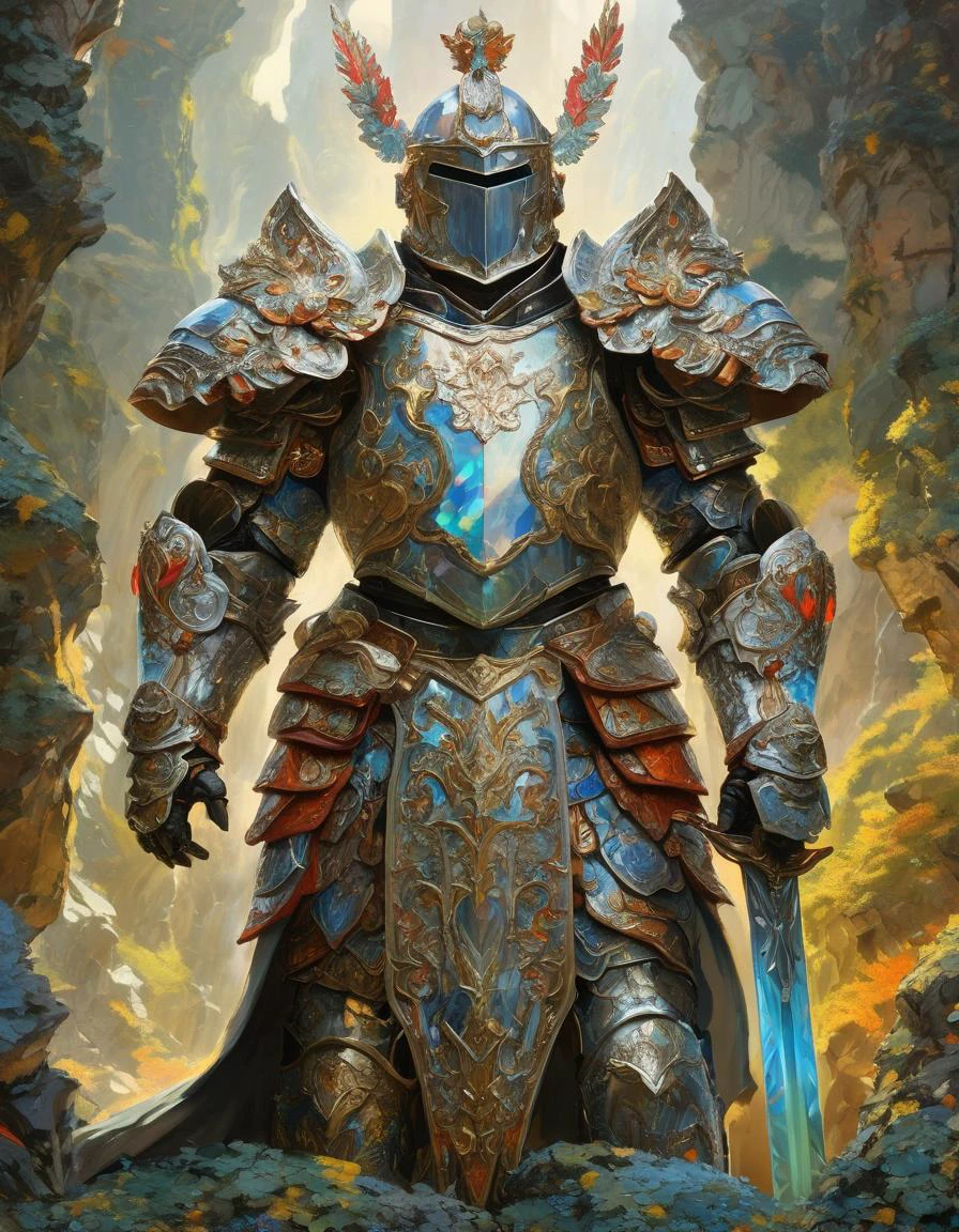 Xu Beihong, breathtaking artwork Epic wide angle illustration of holy paladin in armor made out of (opalescent irradiance:1.25) and colorful energy, vibrant, highly detailed, <lora:treebark-SDXL-s-exp:0.8> treebark, lichen, texture