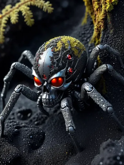 spider with cyborg body and skull head, in black sand, cinematic mood, close shoot, cinematic style, 8k, realistic, hyper-detailed, (opalescent irradiance:1.25) and colorful energy, vibrant, highly detailed photographic style, <lora:treebark-SDXL-s-exp:0.8> treebark, lichen, texture