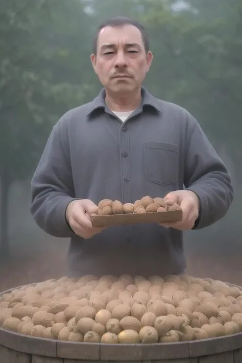 <lora:foggy:1> fogggy style, portrait of a man, selling large nuts, nuts salesman