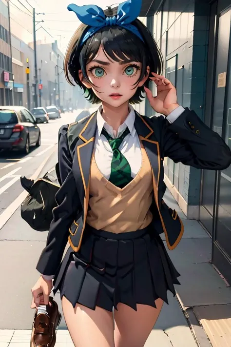 (masterpiece, best quality), 1girl, <lora:sarashina_ruka:1> aaruka,blue hairband,short hair,bangs,long sleeves,school uniform,jacket,black jacket,blazer,open clothes,green necktie,(sweater vest:1.1),shirt,skirt,black socks,loafers,brown footwear