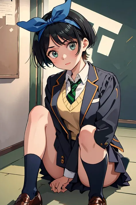 (masterpiece, best quality), 1girl, <lora:sarashina_ruka:1> aaruka,blue hairband,short hair,bangs,long sleeves,school uniform,jacket,black jacket,blazer,open clothes,green necktie,(sweater vest:1.1),shirt,skirt,black socks,loafers,brown footwear