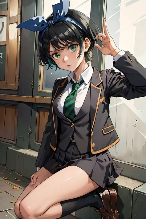(masterpiece, best quality), 1girl, <lora:sarashina_ruka:1> aaruka,blue hairband,short hair,bangs,long sleeves,school uniform,jacket,black jacket,blazer,open clothes,green necktie,(sweater vest:1.1),shirt,skirt,black socks,loafers,brown footwear