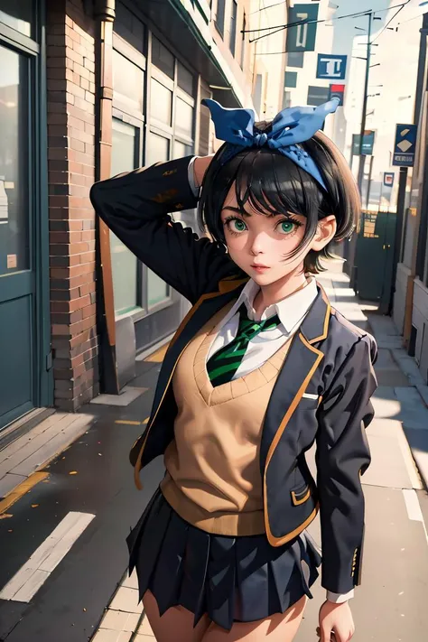 (masterpiece, best quality), 1girl, <lora:sarashina_ruka:1> aaruka,blue hairband,short hair,bangs,long sleeves,school uniform,jacket,black jacket,blazer,open clothes,green necktie,(sweater vest:1.1),shirt,skirt,black socks,loafers,brown footwear