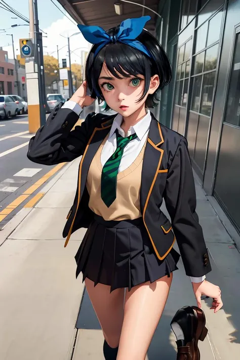 (masterpiece, best quality), 1girl, <lora:sarashina_ruka:1> aaruka,blue hairband,short hair,bangs,long sleeves,school uniform,jacket,black jacket,blazer,open clothes,green necktie,(sweater vest:1.1),shirt,skirt,black socks,loafers,brown footwear