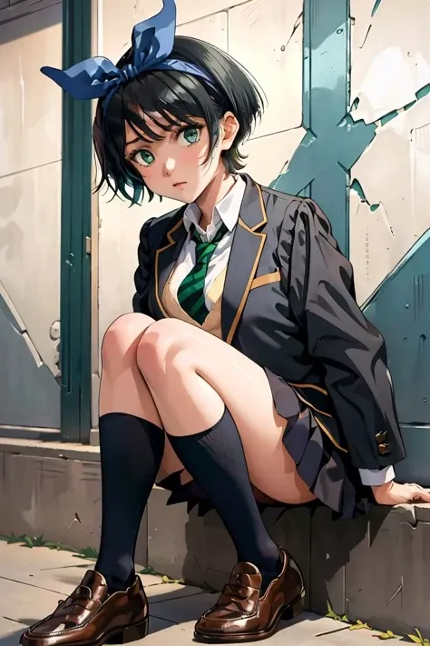 (masterpiece, best quality), 1girl, <lora:sarashina_ruka:1> aaruka,blue hairband,short hair,bangs,long sleeves,school uniform,jacket,black jacket,blazer,open clothes,green necktie,(sweater vest:1.1),shirt,skirt,black socks,loafers,brown footwear