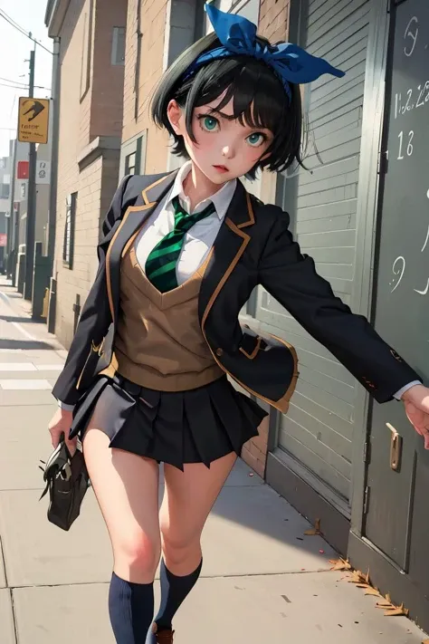 (masterpiece, best quality), 1girl, <lora:sarashina_ruka:1> aaruka,blue hairband,short hair,bangs,long sleeves,school uniform,jacket,black jacket,blazer,open clothes,green necktie,(sweater vest:1.1),shirt,skirt,black socks,loafers,brown footwear