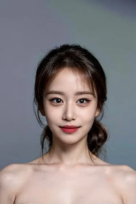 (masterpiece, top quality, best quality, (close-up photograph: 2), ((1girl)), fair skin, (((closed lips))), small eyes, (extremely detailed face), looking straight, ultra-detailed eyes and pupils, ((bare pectorals)), ((bare chest)), bare head, nude dress, (((bare shoulders))), symmetrical frame, ((strapless)), (((smile))), ((symmetrical pose)), looking at viewer, (((looking at viewer))), (symmetrical face: 1.6), 35mm, simple grey background, ((studio lighting)), no watermark, ((ponytail)),  <lora:jiyeonlorashy:1>