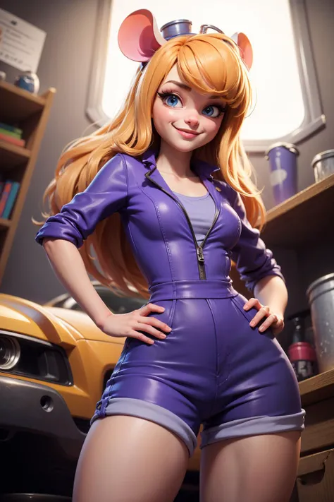 (from below:1.2), (furry:0.8), gadgethackwrench, a girl mechanic, solo, mouse girl, long hair, (purple jumpsuit:1.2), (short shorts:1.2), looking at viewer, blonde hair, bangs, (hands on hips:1.1), googles on head, arching, smiling<lora:gadgethackwrench-v2-locon:0.7><lora:add_detail:0.1> <lora:3DMM_V12:0.8>
