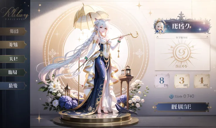 Game interface,long hair,blonde hair,green eyes,pointy ears,hair ornament,barefoot,braid,multicolored hair,dress,breasts,very long hair,ahoge,flower,hair flower,white dress,looking at viewer,instrument,red hair,full body,multiple girls,white hair,anklet,6+girls,staff,bare shoulders,1girl,bare legs,holding,jewelry,twin braids,smile,bangs,cleavage,hair between eyes,twintails,feet,holding instrument,brown hair,floating,Blue theme,stars,((white background)),Small Umbrella,Gilded,golden,sparkling,diamond effect,During the day,outdoors,
(((High quality))),8k,masterpiece,<lora:huanqing_zhizhangéç¨çé¢:0.8>,moody lighting,day,