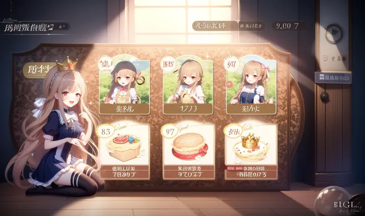 Game interface,buttons,tabs,1girl,braid,thighhighs,long hair,smile,brown hair,bow,open mouth,short sleeves,crown,brown eyes,food,twin braids,:d,dress,holding,bangs,solo,looking at viewer,bowtie,sitting,white thighhighs,puffy sleeves,puffy short sleeves,teeth,ahoge,blush,ribbon,upper teeth only,light brown hair,White background,gilded,blue theme,
(((High quality))),8k,masterpiece,moody lighting,day,<lora:huanqing_ç«å±ä¹å¥³æ¸¸æ:0.8>,<lora:huanqing_zhizhangéç¨çé¢:0.7>,