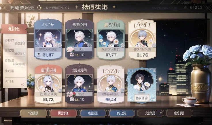 Game interface,multiple boys,brown hair,chinese clothes,black hair,hanfu,long hair,flower,hair ornament,hair flower,4boys,1girl,grey hair,blue hair,white hair,looking at viewer,5boys,forehead mark,jewelry,ponytail,Blue theme,stars,
(((High quality))),8k,masterpiece,<lora:huanqing_zhizhangéç¨çé¢:0.8>,moody lighting,