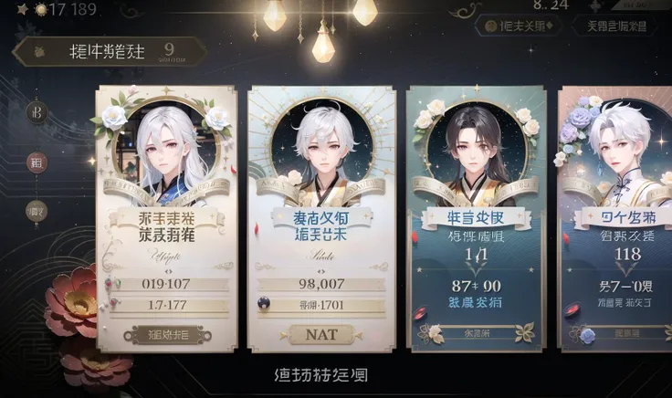 Game interface,multiple boys,brown hair,chinese clothes,black hair,hanfu,long hair,flower,hair ornament,hair flower,4boys,1girl,grey hair,blue hair,white hair,looking at viewer,5boys,forehead mark,jewelry,ponytail,Blue theme,stars,
(((High quality))),8k,masterpiece,<lora:huanqing_zhizhangéç¨çé¢:0.8>,moody lighting,