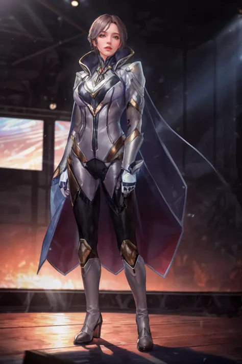 highres,absurdres,masterpiece,best quality,original,extremely detailed CG,extremely detailed wallpaper,perfect lighting,looking at viewer,bare hands,1girl,blurry background,standing on stage,
<lora:florentino_interstellar_council:0.6>, florentino_interstellar_council,large breasts,armor,shoulder armor,coat,gauntlets,long sleeves,jacket,shiny,cape,white footwear,knee boots,
