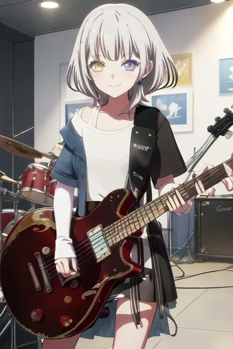 best quality, masterpiece, highres, solo, {kaname_rana_bangdreamitsmygo:1.15}, short_hair, bangs, blush, grey_hair, collarbone, closed_mouth, yellow_eyes, heterochromia, instrument, smile, blue_eyes