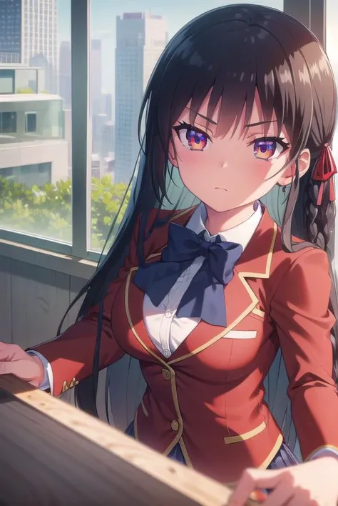 suzunehorikita, <lora:suzune horikita s2s3-lora-nochekaiser:1>,
suzune horikita, long hair, black hair, (red eyes:1.3), hair ribbon, braid,
BREAK bow, school uniform, jacket, bowtie, blue bowtie, blazer, (red blazer:1.5), skirt, white skirt,
BREAK indoors, classroom,
BREAK looking at viewer, (cowboy shot:1.5),
BREAK <lyco:GoodHands-beta2:1>, (masterpiece:1.2), best quality, high resolution, unity 8k wallpaper, (illustration:0.8), (beautiful detailed eyes:1.6), extremely detailed face, perfect lighting, extremely detailed CG, (perfect hands, perfect anatomy),