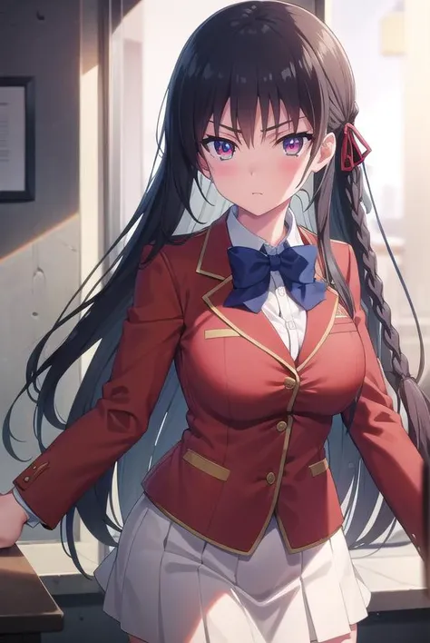 suzunehorikita, <lora:suzune horikita s2s3-lora-nochekaiser:1>,
suzune horikita, long hair, black hair, (red eyes:1.3), hair ribbon, braid,
BREAK bow, school uniform, jacket, bowtie, blue bowtie, blazer, (red blazer:1.5), skirt, white skirt,
BREAK indoors, classroom,
BREAK looking at viewer, (cowboy shot:1.5),
BREAK <lyco:GoodHands-beta2:1>, (masterpiece:1.2), best quality, high resolution, unity 8k wallpaper, (illustration:0.8), (beautiful detailed eyes:1.6), extremely detailed face, perfect lighting, extremely detailed CG, (perfect hands, perfect anatomy),