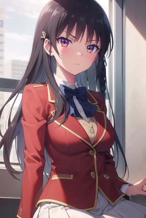 suzunehorikita, <lora:suzune horikita s2s3-lora-nochekaiser:1>,
suzune horikita, long hair, black hair, (red eyes:1.3), hair ribbon, braid,
BREAK bow, school uniform, jacket, bowtie, blue bowtie, blazer, (red blazer:1.5), skirt, white skirt,
BREAK indoors, classroom,
BREAK looking at viewer, (cowboy shot:1.5),
BREAK <lyco:GoodHands-beta2:1>, (masterpiece:1.2), best quality, high resolution, unity 8k wallpaper, (illustration:0.8), (beautiful detailed eyes:1.6), extremely detailed face, perfect lighting, extremely detailed CG, (perfect hands, perfect anatomy),