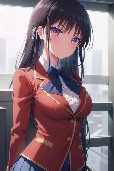 suzunehorikita, <lora:suzune horikita s2s3-lora-nochekaiser:1>,
suzune horikita, long hair, black hair, (red eyes:1.3), hair ribbon, braid,
BREAK bow, school uniform, jacket, bowtie, blue bowtie, blazer, (red blazer:1.5), skirt, white skirt,
BREAK indoors, classroom,
BREAK looking at viewer, (cowboy shot:1.5),
BREAK <lyco:GoodHands-beta2:1>, (masterpiece:1.2), best quality, high resolution, unity 8k wallpaper, (illustration:0.8), (beautiful detailed eyes:1.6), extremely detailed face, perfect lighting, extremely detailed CG, (perfect hands, perfect anatomy),
