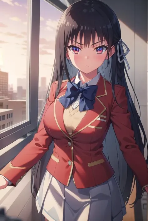 suzunehorikita, <lora:suzune horikita s2s3-lora-nochekaiser:1>,
suzune horikita, long hair, black hair, (red eyes:1.3), hair ribbon, braid,
BREAK bow, school uniform, jacket, bowtie, blue bowtie, blazer, (red blazer:1.5), skirt, white skirt,
BREAK indoors, classroom,
BREAK looking at viewer, (cowboy shot:1.5),
BREAK <lyco:GoodHands-beta2:1>, (masterpiece:1.2), best quality, high resolution, unity 8k wallpaper, (illustration:0.8), (beautiful detailed eyes:1.6), extremely detailed face, perfect lighting, extremely detailed CG, (perfect hands, perfect anatomy),