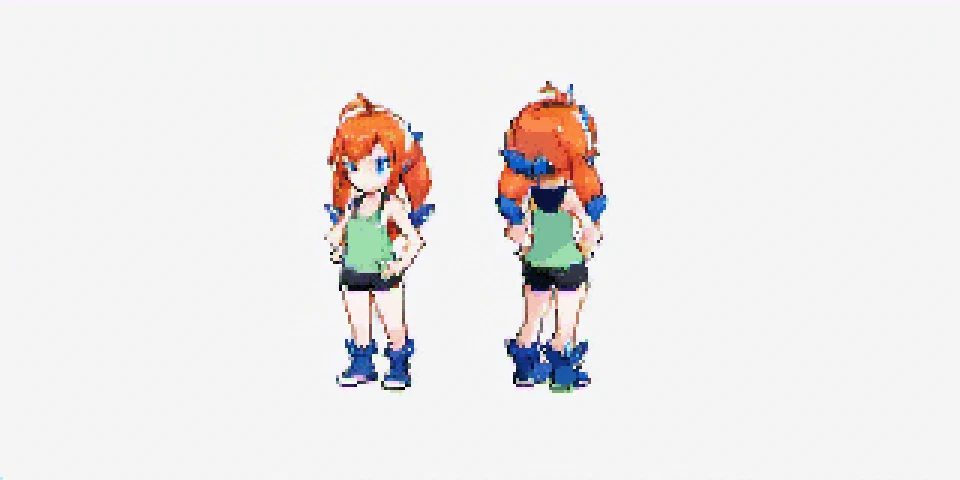 anime style, <lora:pokesprite:0.8>, firetype, <lora:Molly_MacCormack:0.8>, trainer, orange hair, Pokémon breeder, blue eyes, twintails, white background front